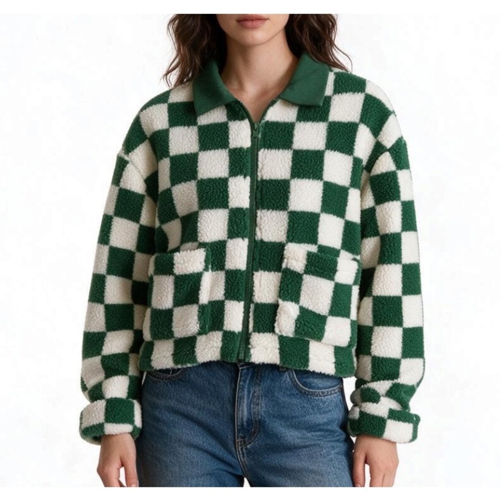 AKAIV Full Zip Jacket FLEECE SHIRT Corduroy Collar GREEN/WHITE CHECKERBOARD sz S